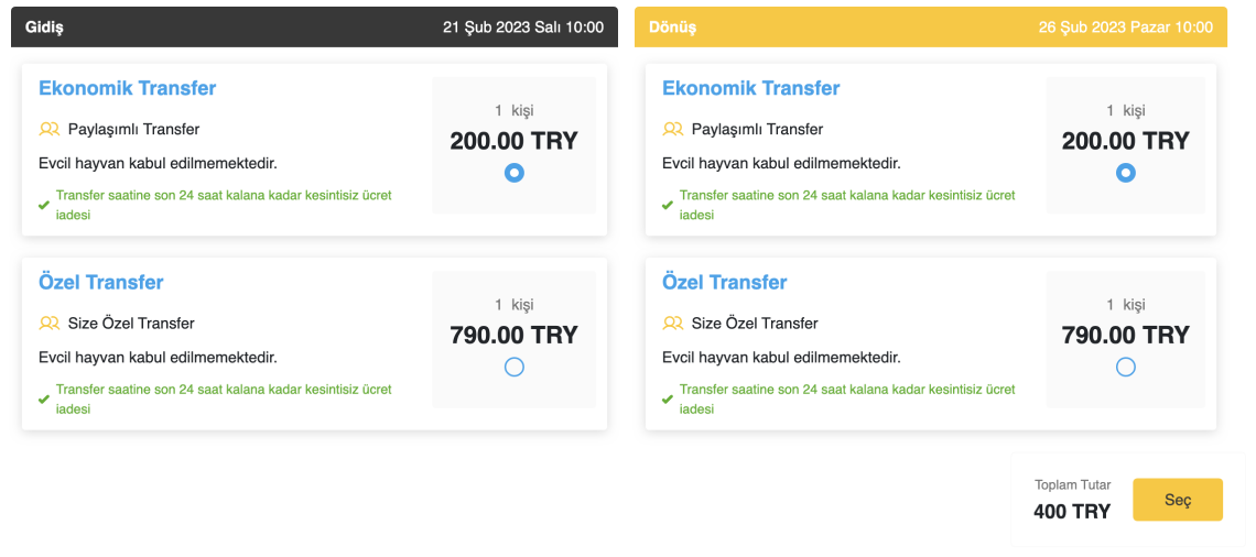 Auswahl des Transfers